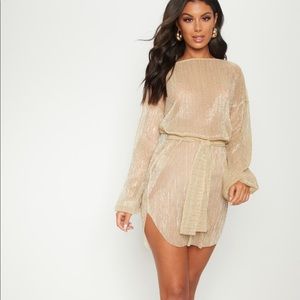 Gold Balloon Sleeve Sheer Shift Dress